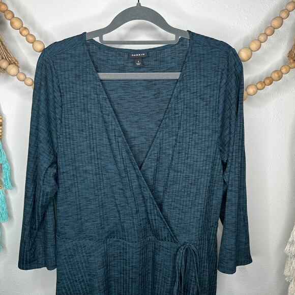 Torrid Blue Ribbed Knit Surplice V Neck Faux Wrap Dress - Picture 1 of 3